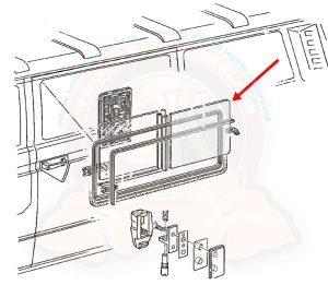 Side window fixed part, for sliding window on sliding door, with mosquito net, 352x399.5 mm, 5/1979-7/1984