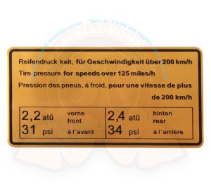 Adesivo pressione pneumatici a freddo per velocità superiore a 200km/h, 82x42mm, Porsche 911