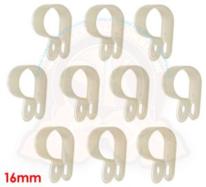 Abrazaderas R de nylon, blanco, 16 mm, 10 piezas