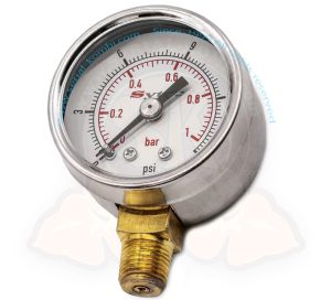 Fuel pressure gauge 0-1 bar (0-14 psi) to be used for pressure adjustment, not for permanent installation, Filter King