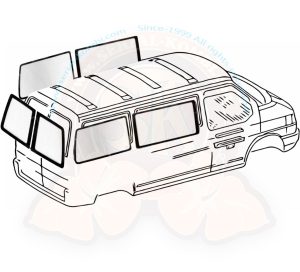 Scheiben Set 6 Fenster, nicht getönt, Fensterbus und Kastenwagenumbau, T4 9/1990-6/2003 mit Doppel Hecktüren