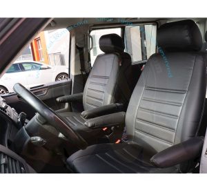 Seat cover set, driver and passenger seat, black leatherette, with 2 storage pockets on the backrest T5 4/2003-8/2015