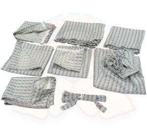 Curtain set, grey/red, 11 pieces complete with straps and buttons, Joker California Westfalia, 5/1979-7/1992