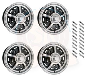 SSP wheel, Sprintstar, PCD 5x205, black polished, 5x15" ET20, 1950-7/1970 Set of 4 rims with centre cap, 20 wheel bolts