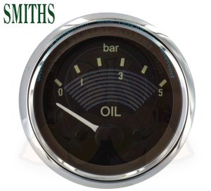Oil pressure gauge 0-5 bar, 52mm, brown base, 12 volts, 1950-7/1967 Smiths  (supplied without sender, compatible with VDO senders)