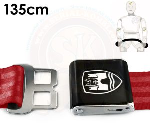 Ceinture ventrale rouge ouverture type aviation avec logo château de Wolfsburg boucle noire