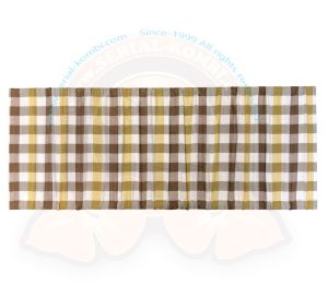 Vorhang, an Fenster hinten rechts hinter Kleiderschrank, original auf Sperrholz geklebt, Gelb/Braun/Weiß kariert, Westfalia 8/1967-7/1973