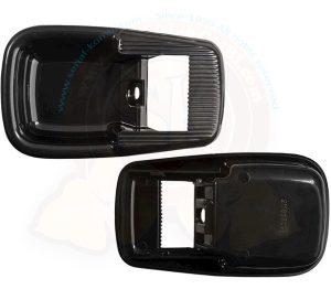 Trim surround frames for inner door pull handle release lever with lock, black ABS; a pair 8/1968-7/1973