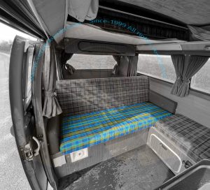 Bezug für Sitzfläche Schlafbank volle Breite, blau/grün kariert, Westfalia Malaga / Helsinki, 8/1973-7/1979