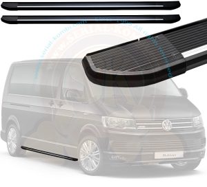 Pedane laterali in alluminio nero, protezione sottoscocca, kit per montaggio senza forare, T5 4/2003-8/2015 T6 9/2015- Passo lungo (la coppia)