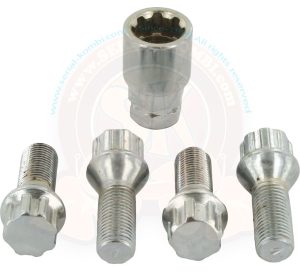 Wheel bolt lock set for alloy wheel with 60 degree tappered seating and M14 x 150mm thread