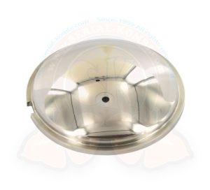 Polished stainless steel horn push button centre for original steering wheel, 3/1955-7/1967