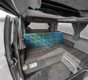 Bezug für Sitzlehne Schlafbank volle Breite, blau/grün kariert, Westfalia Malaga / Helsinki, 8/1973-7/1979