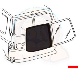 Window for left rear double door, tinted (82-86%), panel van conversions and windowed buses, not heated, 729x579mm, T5 4/2003-8/2015 – T6 9/2015- Left
