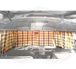 Rideaux de cabine avant quadrillés jaune/marron/blanc ensemble de deux rideaux pour rails, avec glisseurs, crochets et arrêts, Westfalia 8/1963-7/1967