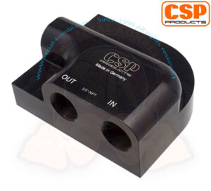 Oil filter bracket for FRAM HP1, MANN etc., outlet to the left, thread 3/8" NPT, aluminium, CSP, 1600cc-2000cc, 8/1967-7/1979