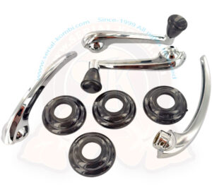 Juego de manivelas elevalunas y picaportes interiores de puerta, con arandelas, Cromo / Negro, Beetle / Karmann Ghia -7/1966