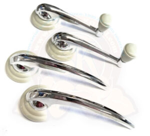 Satz Fensterkurbeln und Türöffner, mit Rosetten, Chrom / Silberbeige, Käfer / Karmann Ghia -7/1966