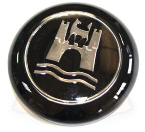Pulsante clacson nero con logo Wolfsburg argento, Maggiolino / Karmann Ghia / Tipo 3 8/1959-7/1971