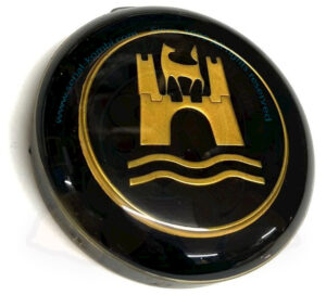 Pulsante clacson nero con logo Wolfsburg dorato, Maggiolino / Karmann Ghia / Tipo 3 8/1959-7/1971