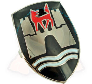 Insignia del capó con el emblema 'Castillo de Wolfsburg' sobre fondo negro, Escarabajo 8/1959-9/1962 (> 5 010 447)