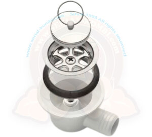 Ablauf für Spüle gebogen, mit Siphon und Edelstahl Stöpsel, Gewinde Ø 37mm, Schlauch Ø 20mm, für Spülbecken mit 37-40mm Ablauf